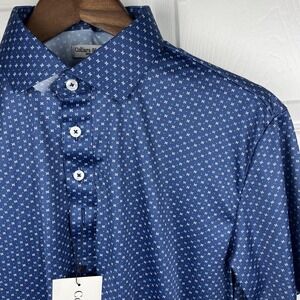 Collars & Co Polo Shirt Mens Medium Blue Geometric Dress Collar Short Sleeve NEW